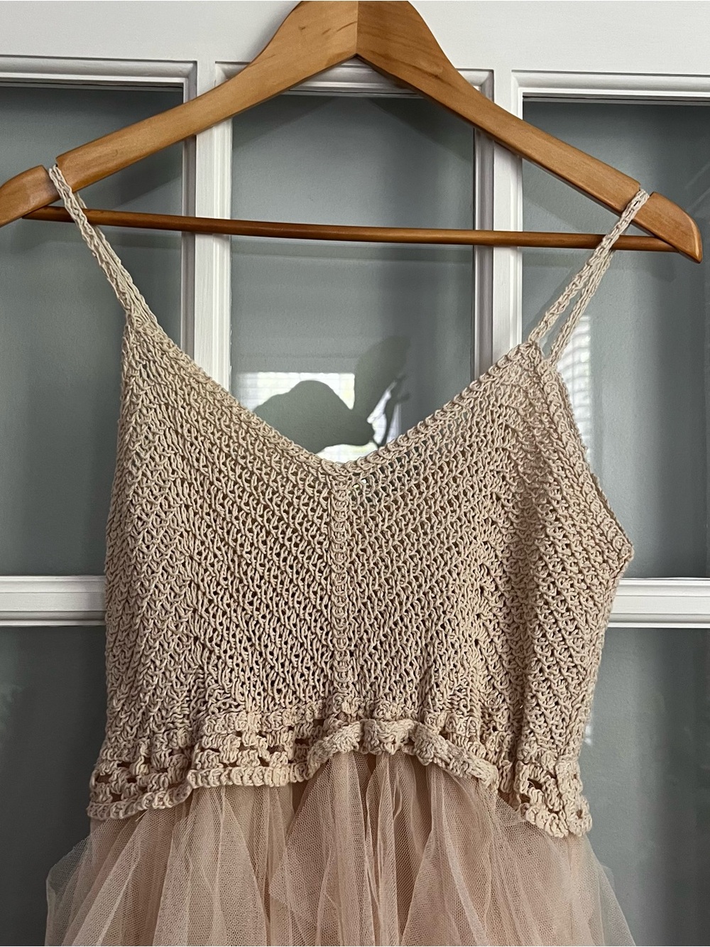 Sleeveless Crochet Bodice Tulle Midi Dress in Beige - Picture 7 of 9